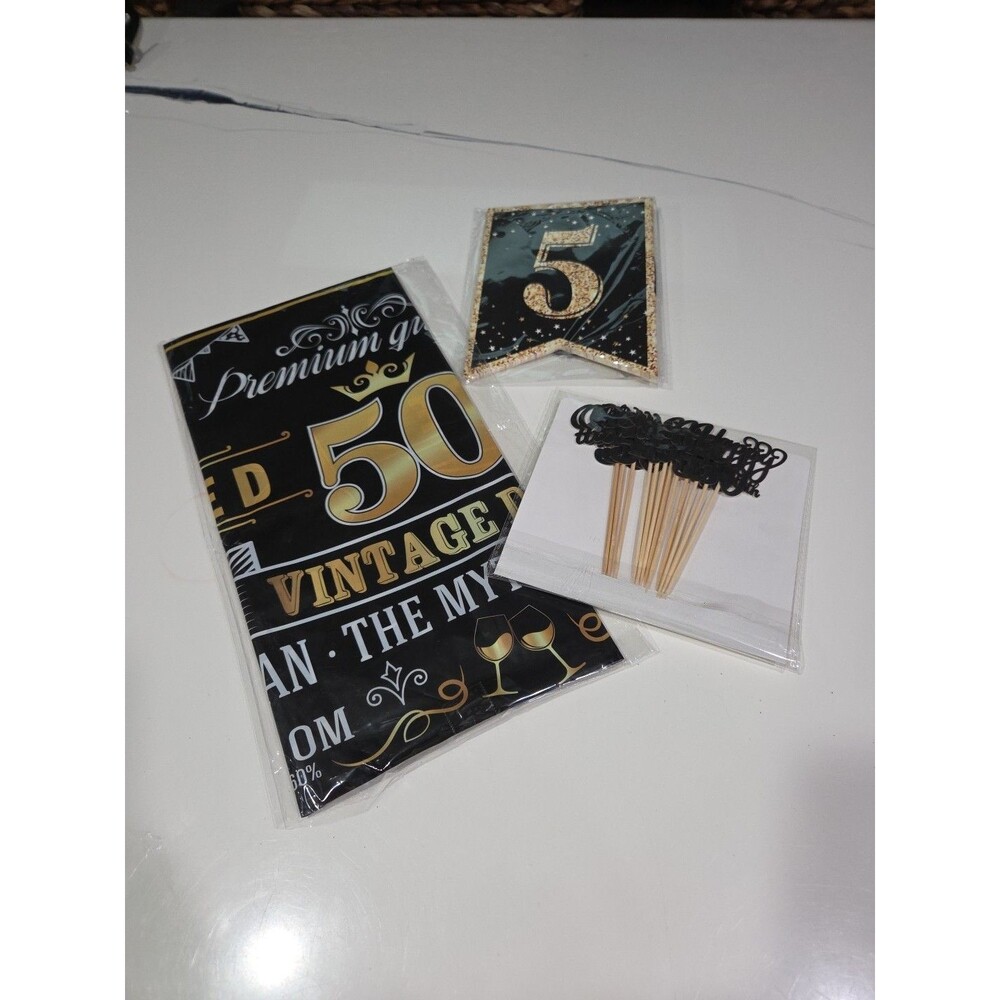 50th Birthday Decorations for Men Women Black/Gold 1 Tablecloth Banner Picks B18